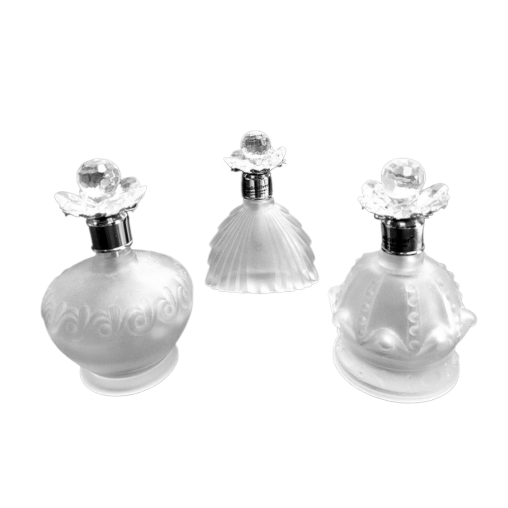 Vintage Frosted Glass Perfume Bottles W/Rose Bead Stopper By Studio Silversmiths